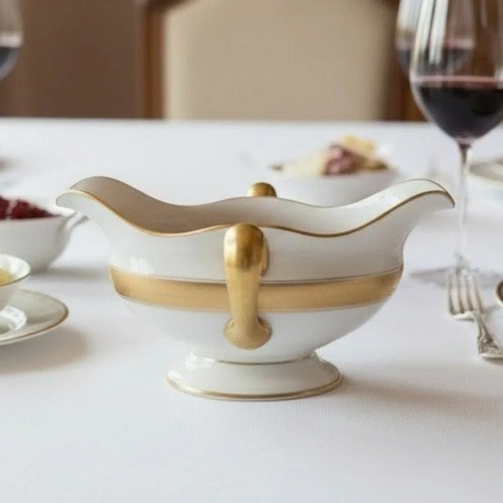 Lenox Ivory Porcelain Gravy Boat Gold Band Double Spout & Handles‎ Vintage